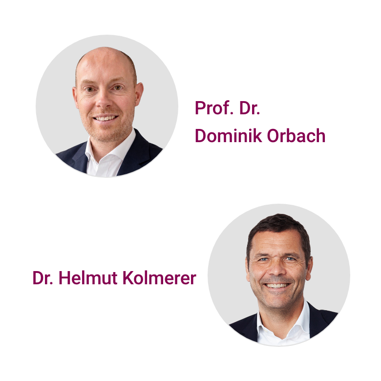 Businessportraits der Sprecher Prof. Dr. Dominik Orbach und Dr. Helmut Kolmerer der 46. Folge des CTcon Podcasts „KI in der Versicherung – im Gespräch mit Prof. Dr. Dominik Orbach über Potentiale und Umsetzung“